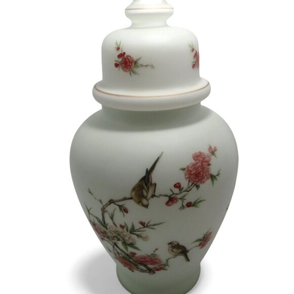 Large GINGER JAR With Lid Frosted Satin Glass Bird And Floral 18" Tall Vintage - Picture 3 of 9
